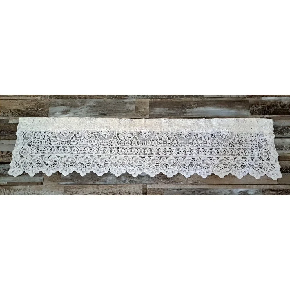 Knit Lace Window Valance Ivory Granny Floral Waves Cottagecore Victorian 57x14